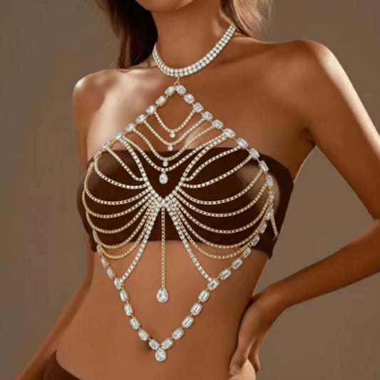 Romantic Shiny Body Jewelry Bikini Tank Top Bra Hollow Tassel Sexy Girl Birthday Party Night Club Body Chain Chest Chain