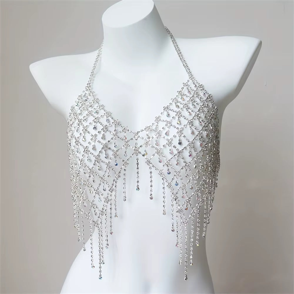 Nightclub Sparkling Rhinestone Chest Chain Tassel Bra Chain Exquisite Fashion Water Drop Pendant Body Chain Accessories Women