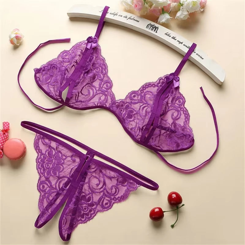 Sexy Lace-Up Lingerie Set Women Hot Exotic Open Crotch Transparent Underwear G-String Bandage Bikini Three-Point Set