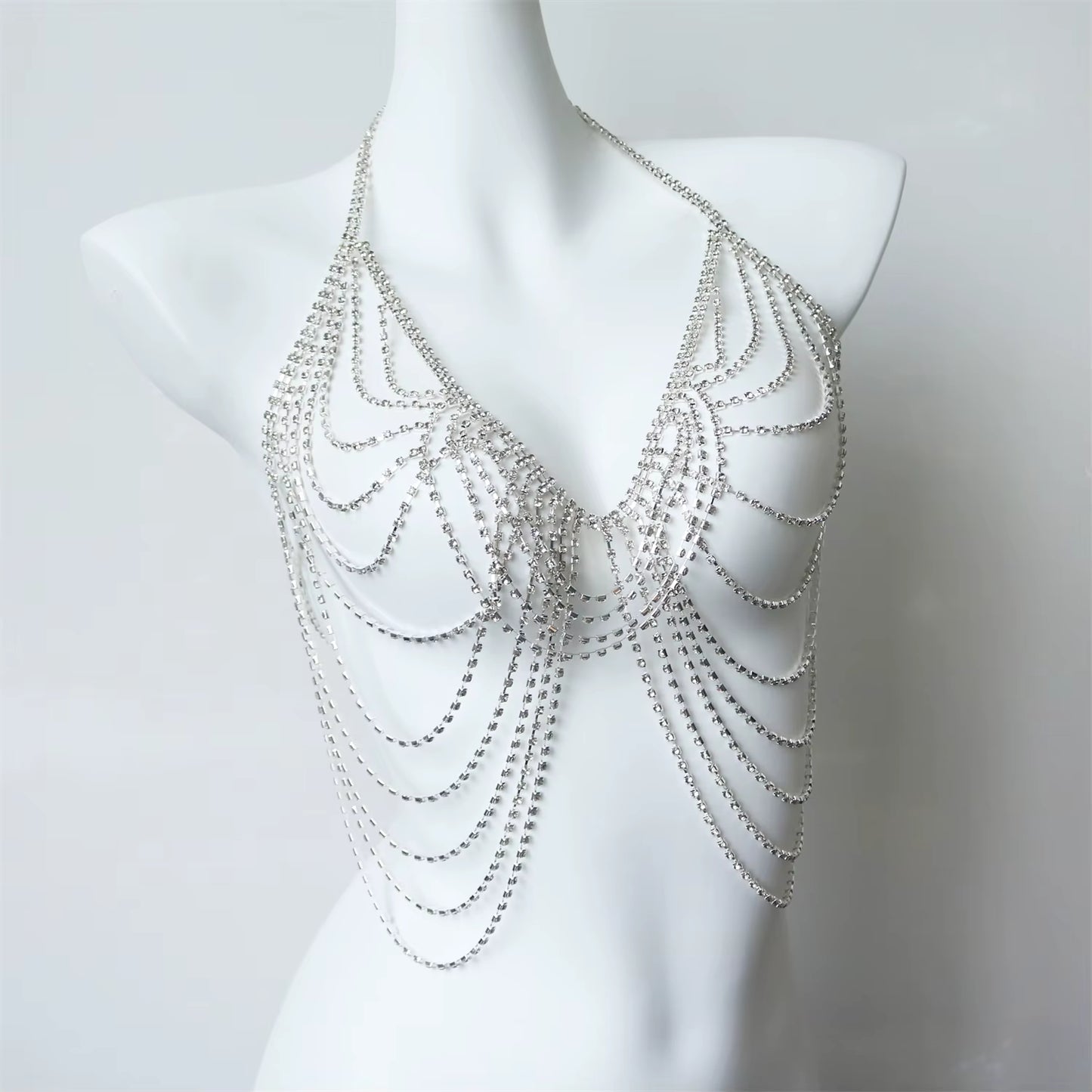 Silver Luxury Streamlined Zircon Chest Chain Beach Party Trendy Body Decoration Sexy Bra Body Chain Jewelry
