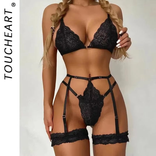 3 Piece Set Sleepwear Suit Sexy Lingerie Women Thin Transparent Lace Bra Set See through Female Erotic Underwear New
