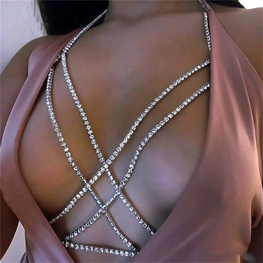 Sexy Rhinestone Cross Bra Body Belly Chain Summer Bikini Top Jewelry Beachwear Harness Necklace Inner Mesh Chest Chains Gift