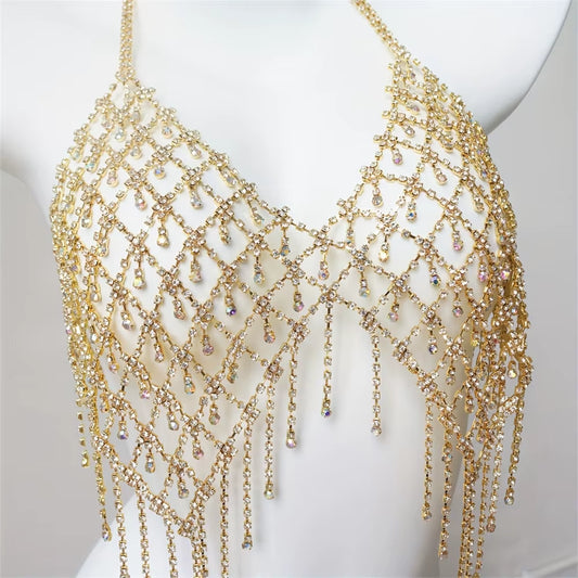 Nightclub Sparkling Rhinestone Chest Chain Tassel Bra Chain Exquisite Fashion Water Drop Pendant Body Chain Accessories Women