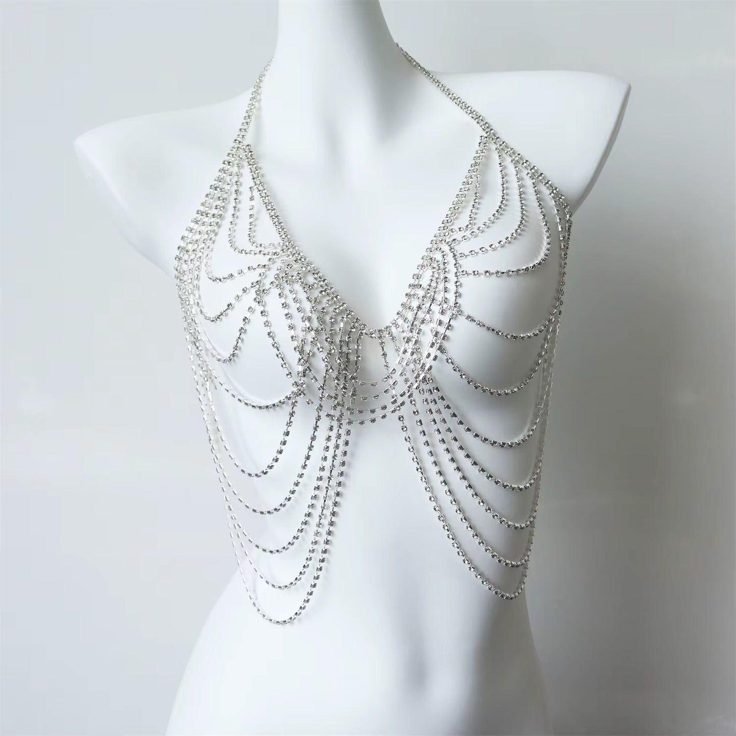 Silver Luxury Streamlined Zircon Chest Chain Beach Party Trendy Body Decoration Sexy Bra Body Chain Jewelry