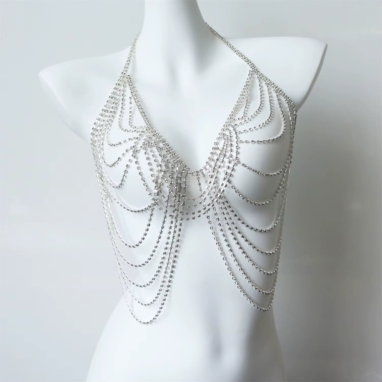 Silver Luxury Streamlined Zircon Chest Chain Beach Party Trendy Body Decoration Sexy Bra Body Chain Jewelry