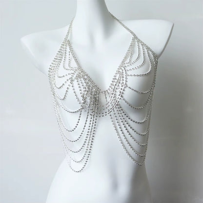 Silver Luxury Streamlined Zircon Chest Chain Beach Party Trendy Body Decoration Sexy Bra Body Chain Jewelry