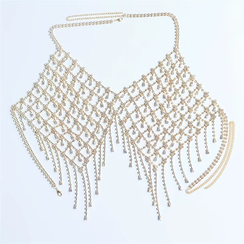 Nightclub Sparkling Rhinestone Chest Chain Tassel Bra Chain Exquisite Fashion Water Drop Pendant Body Chain Accessories Women