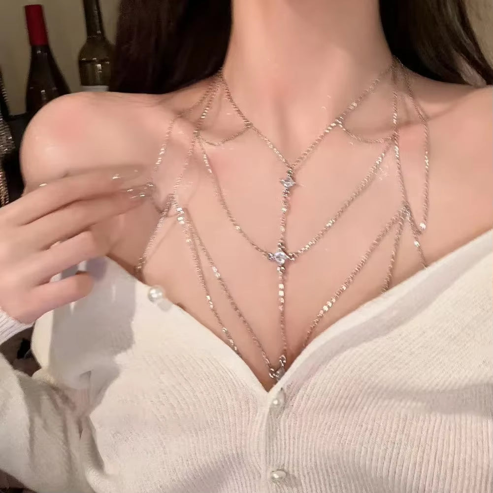 Women'S Multi-Layer Square Zircon Chest Body Chain Silver Plated Sexy Beach Bikini Accessory Geometric Cool Style Jewelry