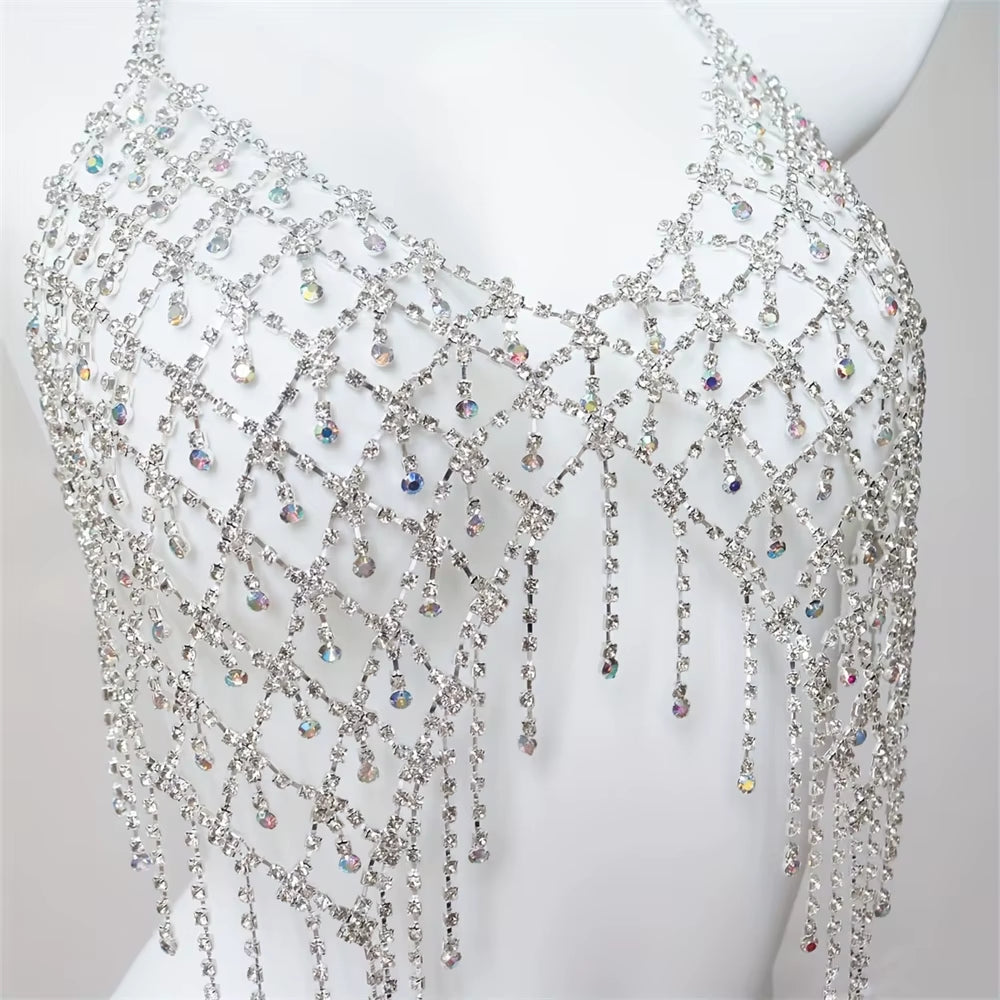 Nightclub Sparkling Rhinestone Chest Chain Tassel Bra Chain Exquisite Fashion Water Drop Pendant Body Chain Accessories Women