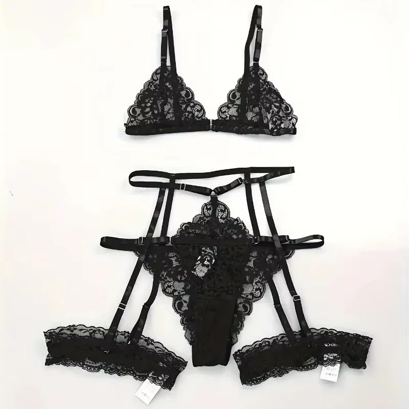 3 Piece Set Sleepwear Suit Sexy Lingerie Women Thin Transparent Lace Bra Set See through Female Erotic Underwear New