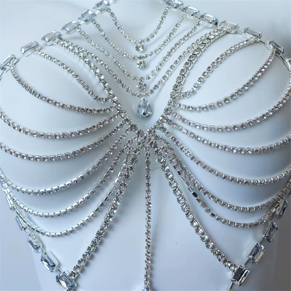 Romantic Shiny Body Jewelry Bikini Tank Top Bra Hollow Tassel Sexy Girl Birthday Party Night Club Body Chain Chest Chain