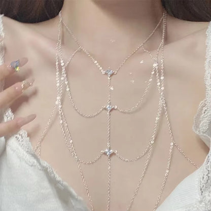 Women'S Multi-Layer Square Zircon Chest Body Chain Silver Plated Sexy Beach Bikini Accessory Geometric Cool Style Jewelry