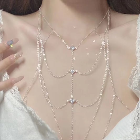 Women'S Multi-Layer Square Zircon Chest Body Chain Silver Plated Sexy Beach Bikini Accessory Geometric Cool Style Jewelry
