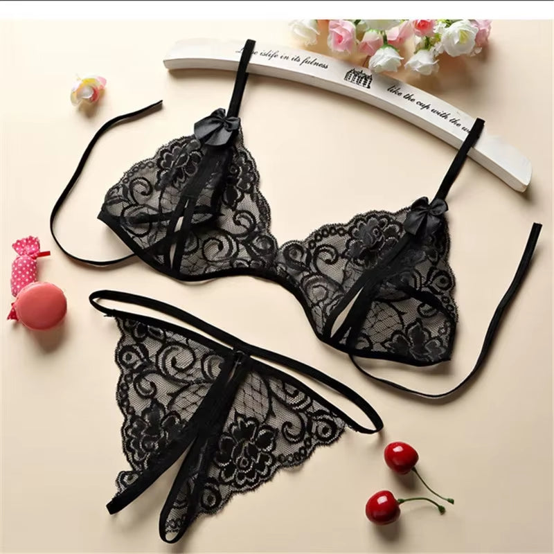 Sexy Lace-Up Lingerie Set Women Hot Exotic Open Crotch Transparent Underwear G-String Bandage Bikini Three-Point Set