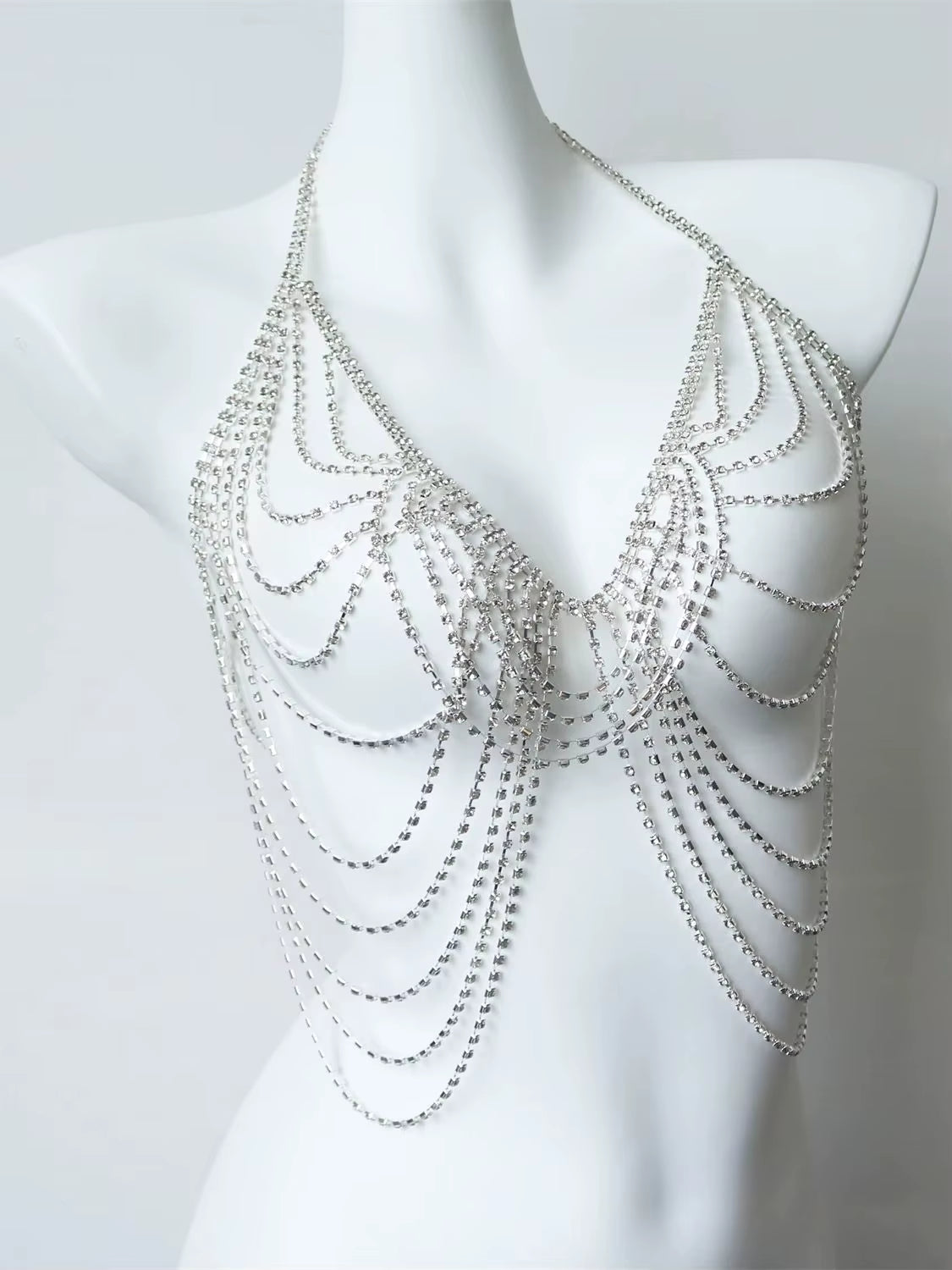 Silver Luxury Streamlined Zircon Chest Chain Beach Party Trendy Body Decoration Sexy Bra Body Chain Jewelry