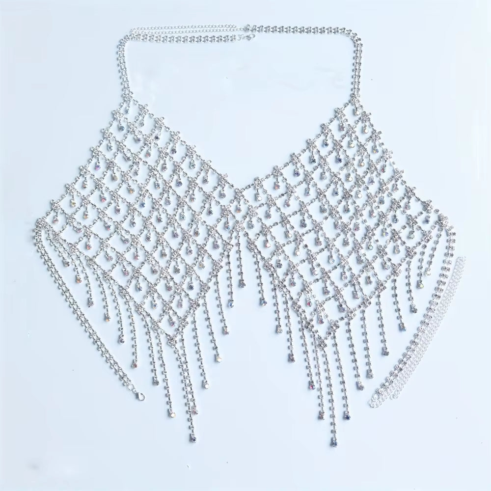 Nightclub Sparkling Rhinestone Chest Chain Tassel Bra Chain Exquisite Fashion Water Drop Pendant Body Chain Accessories Women