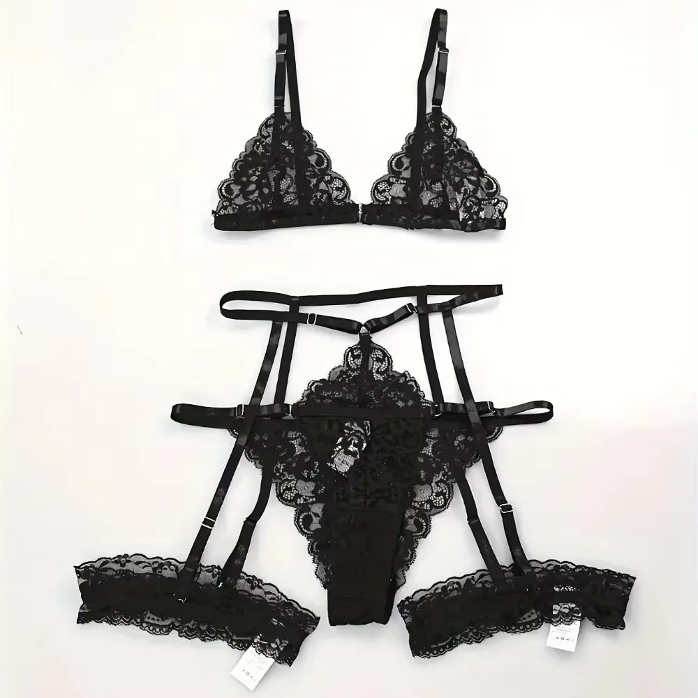 3 Piece Set Sleepwear Suit Sexy Lingerie Women Thin Transparent Lace Bra Set See through Female Erotic Underwear New