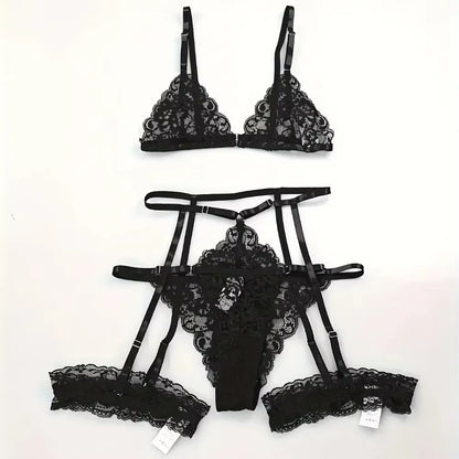 3 Piece Set Sleepwear Suit Sexy Lingerie Women Thin Transparent Lace Bra Set See through Female Erotic Underwear New