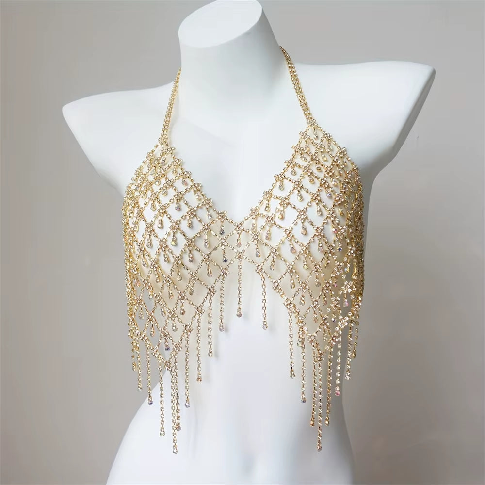 Nightclub Sparkling Rhinestone Chest Chain Tassel Bra Chain Exquisite Fashion Water Drop Pendant Body Chain Accessories Women