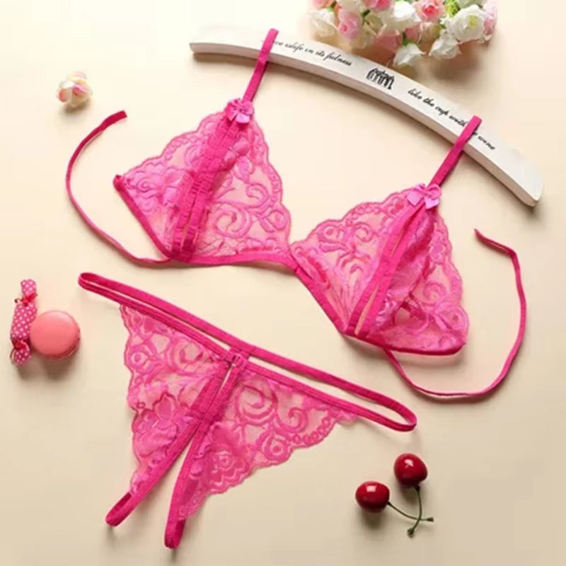 Sexy Lace-Up Lingerie Set Women Hot Exotic Open Crotch Transparent Underwear G-String Bandage Bikini Three-Point Set