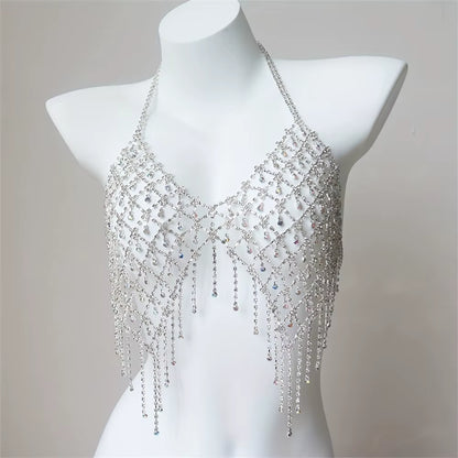 Nightclub Sparkling Rhinestone Chest Chain Tassel Bra Chain Exquisite Fashion Water Drop Pendant Body Chain Accessories Women