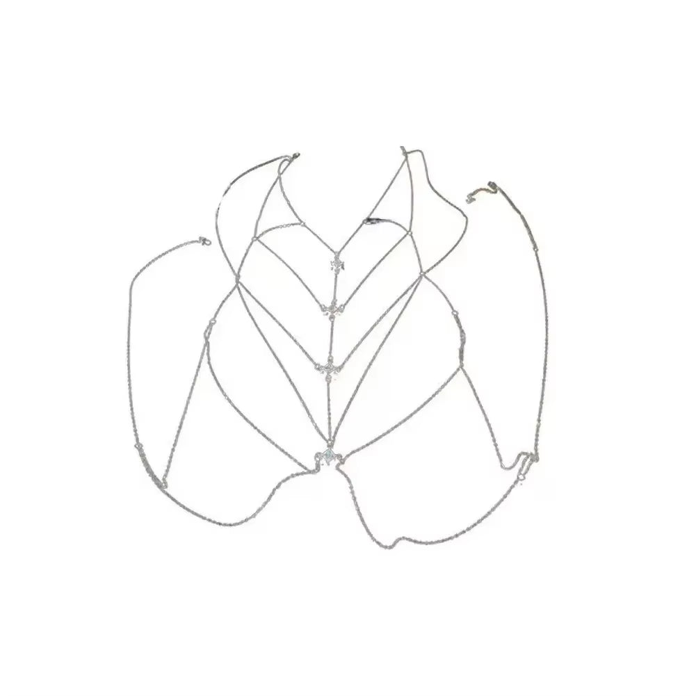 Women'S Multi-Layer Square Zircon Chest Body Chain Silver Plated Sexy Beach Bikini Accessory Geometric Cool Style Jewelry