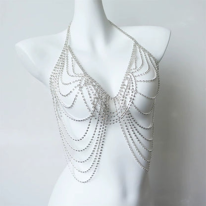 Silver Luxury Streamlined Zircon Chest Chain Beach Party Trendy Body Decoration Sexy Bra Body Chain Jewelry