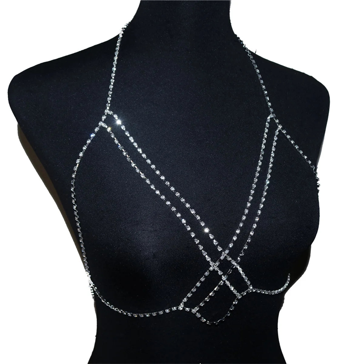 Sexy Rhinestone Cross Bra Body Belly Chain Summer Bikini Top Jewelry Beachwear Harness Necklace Inner Mesh Chest Chains Gift