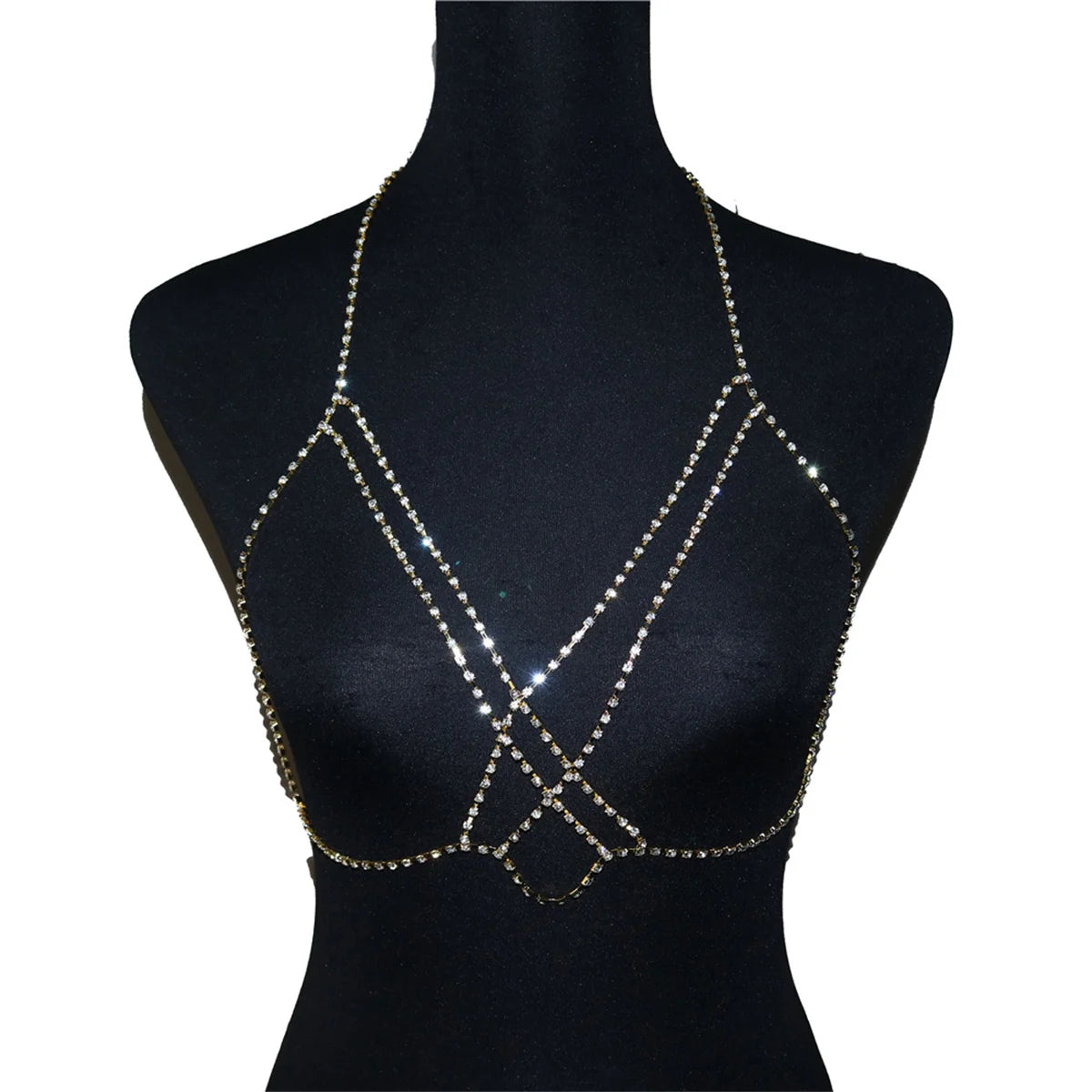 Sexy Rhinestone Cross Bra Body Belly Chain Summer Bikini Top Jewelry Beachwear Harness Necklace Inner Mesh Chest Chains Gift