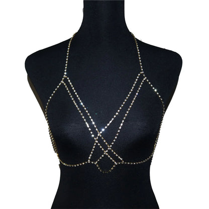 Sexy Rhinestone Cross Bra Body Belly Chain Summer Bikini Top Jewelry Beachwear Harness Necklace Inner Mesh Chest Chains Gift