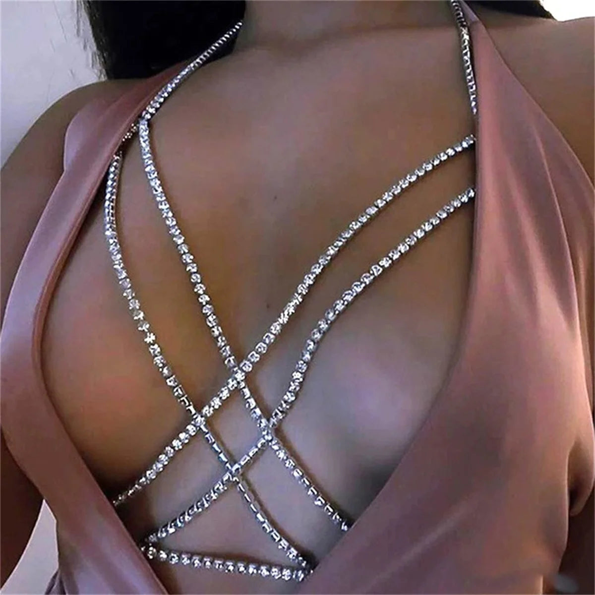 Sexy Rhinestone Cross Bra Body Belly Chain Summer Bikini Top Jewelry Beachwear Harness Necklace Inner Mesh Chest Chains Gift
