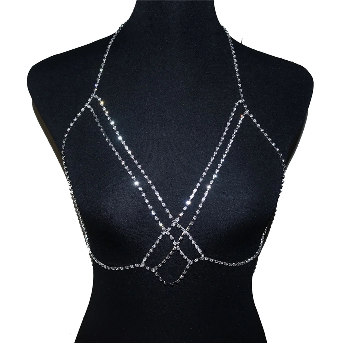 Sexy Rhinestone Cross Bra Body Belly Chain Summer Bikini Top Jewelry Beachwear Harness Necklace Inner Mesh Chest Chains Gift