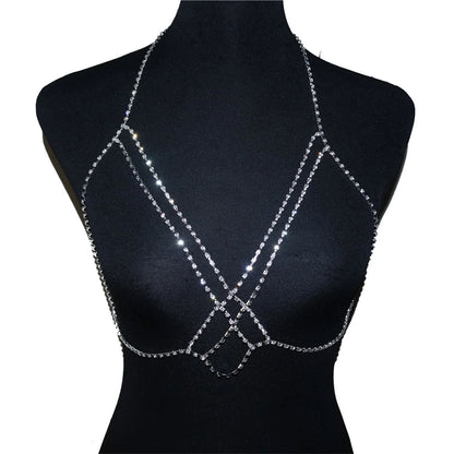 Sexy Rhinestone Cross Bra Body Belly Chain Summer Bikini Top Jewelry Beachwear Harness Necklace Inner Mesh Chest Chains Gift