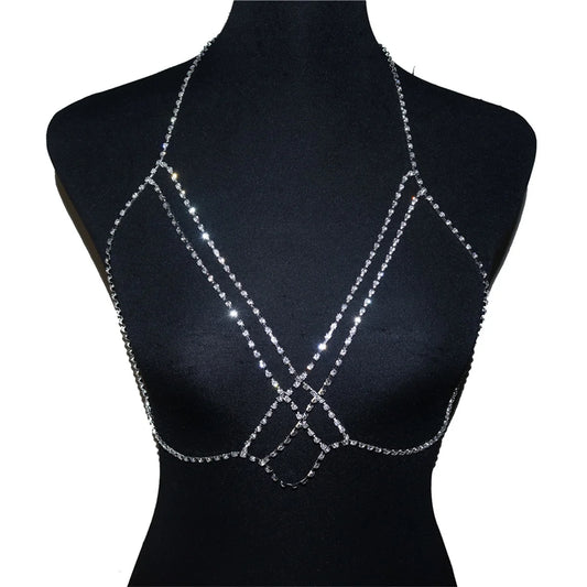 Sexy Rhinestone Cross Bra Body Belly Chain Summer Bikini Top Jewelry Beachwear Harness Necklace Inner Mesh Chest Chains Gift
