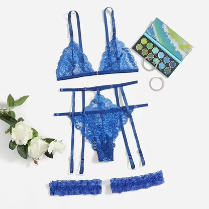 3 Piece Set Sleepwear Suit Sexy Lingerie Women Thin Transparent Lace Bra Set See through Female Erotic Underwear New