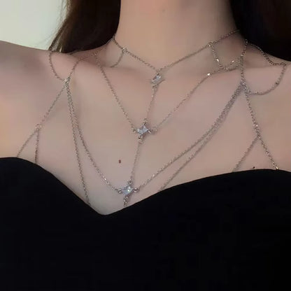 Women'S Multi-Layer Square Zircon Chest Body Chain Silver Plated Sexy Beach Bikini Accessory Geometric Cool Style Jewelry