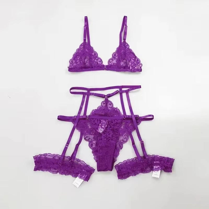 3 Piece Set Sleepwear Suit Sexy Lingerie Women Thin Transparent Lace Bra Set See through Female Erotic Underwear New