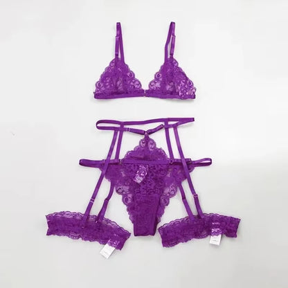 3 Piece Set Sleepwear Suit Sexy Lingerie Women Thin Transparent Lace Bra Set See through Female Erotic Underwear New