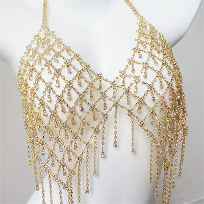 Nightclub Sparkling Rhinestone Chest Chain Tassel Bra Chain Exquisite Fashion Water Drop Pendant Body Chain Accessories Women