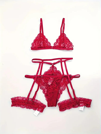 3 Piece Set Sleepwear Suit Sexy Lingerie Women Thin Transparent Lace Bra Set See through Female Erotic Underwear New