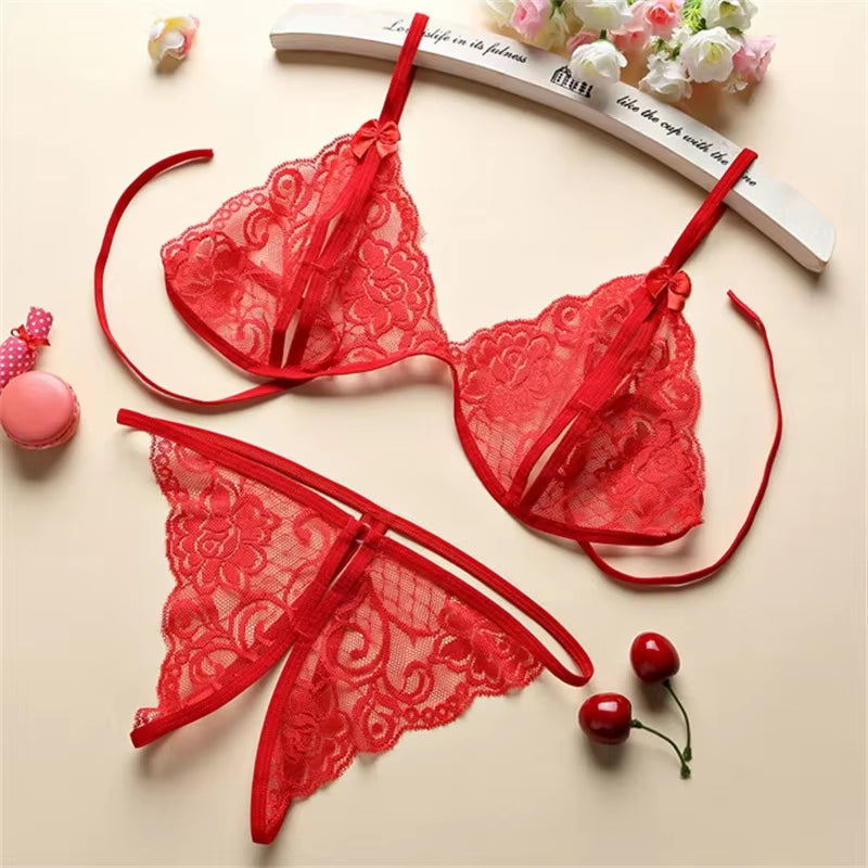 Sexy Lace-Up Lingerie Set Women Hot Exotic Open Crotch Transparent Underwear G-String Bandage Bikini Three-Point Set